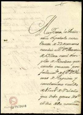 Carta de Francisco Antonio de Angulo a Francisco Antonio Zapata en la que le comunica el nombrami...