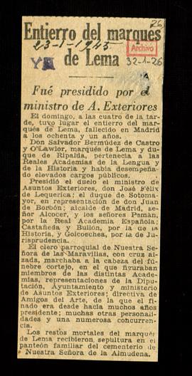 Recorte del diario Ya sobre el entierro del marqués de Lema