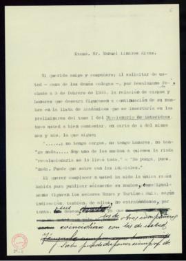 Minuta de la carta de Emilio Cotarelo a Manuel Linares Rivas en la que le responde que fue pregun...
