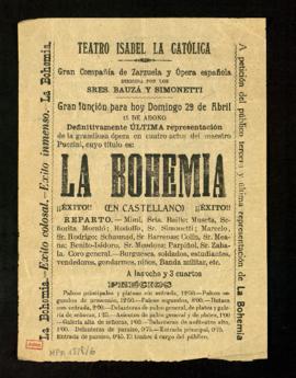 Cartel de la representación de La Bohemia en el Teatro Isabel la Católica