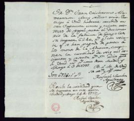 Carta de Rafael Sánchez de Aguilera a Juan Crisóstomo Alamanzón sobre la recepción de 130 resmas ...