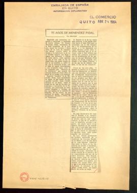 Recorte del diario El Comercio con el artículo 95 años de Menéndez Pidal, por Gracián
