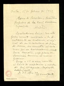 Carta de José María Aguado al secretario en la que le informa del envío del original de un Vocabu...