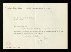 Carta de José María Pemán a Javier R. de Medina en la que le dice que ya ha escrito a Julio Casar...