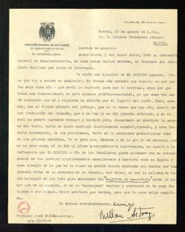 Carta de José Millán-Astray a Melchor Fernández Almagro en la que le asegura que va a pedir el tr...