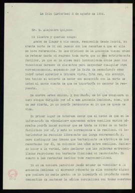 Copia de la carta de Julio Casares a Alejandro Quijano en la que lamenta que considerase un ataqu...