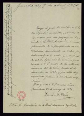 Carta de Ramón D. Perés al secretario con la que remite unas cuartillas en cumplimiento de los pr...