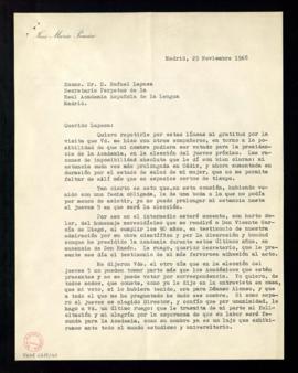 Carta de José María Pemán al secretario, Rafael Lapesa, en la que le expresa que no puede present...