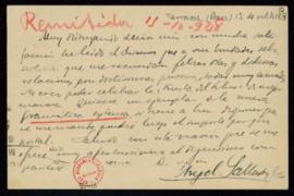 Tarjeta postal de Ángel Sallent y Gotés [a Emilio Cotarelo] en la que expresa la satisfacción con...