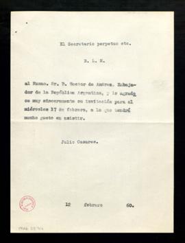 Copia del besalamano de Julio Casares a Héctor d'Andrea, embajador de la República Argentina, de ...