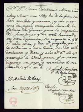 Carta de Rafael Sánchez de Aguilera a Juan Crisóstomo Alamanzón sobre la recepción de 46 resmas d...