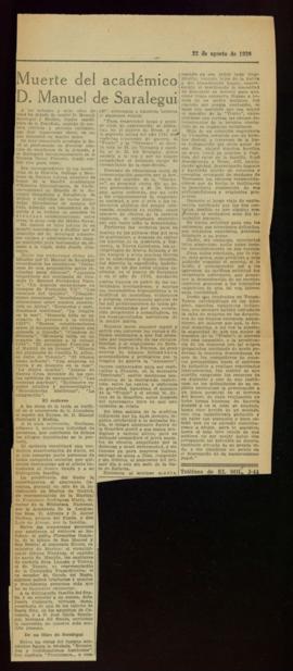 Recorte del diario El Sol de 22 de agosto de 1926, con la noticia del fallecimiento de Manuel de ...