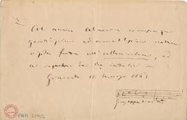Nota de Giuseppe Verdi a [Pedro Antonio de] Alarcón en la visita al sepulcro de los Reyes Católic...