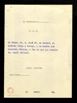 Copia sin firma del besalamano de Julio Casares a José M.ª de Cossío al que adjunta las cédulas q...