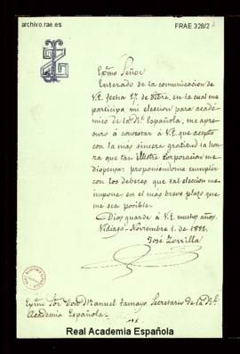 Carta de José Zorrilla a Manuel Tamayo y Baus de aceptación de su elección como académico de número