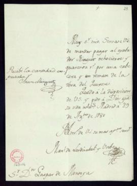 Orden de Manuel de Lardizábal del pago a Juan Minguet de 840 reales de vellón por una cabecera gr...