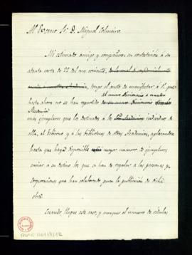 Minuta de la carta del secretario a Miguel Colmeiro en la que le comunica que hasta ese momento n...