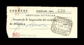 Resguardo de impreso certificado dirigido de Madrid a Tudanca el 5 de julio de 1965