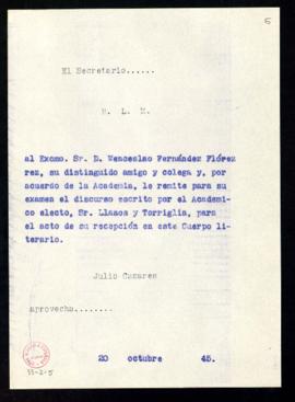 Copia del besalamano de Julio Casares a Wenceslao Fernández-Flórez con el que le remite para su e...