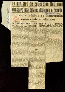 Recorte del diario El Alcázar con el título El ministro de Educación Nacional descubre una estatu...