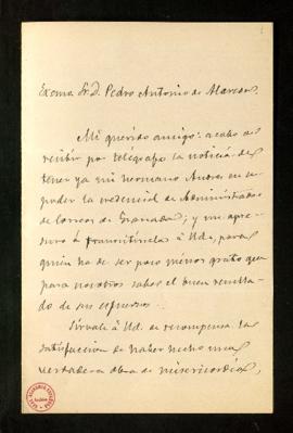 Carta de Manuel Tamayo y Baus a Pedro Antonio de Alarcón en la que le comunica que su hermano And...