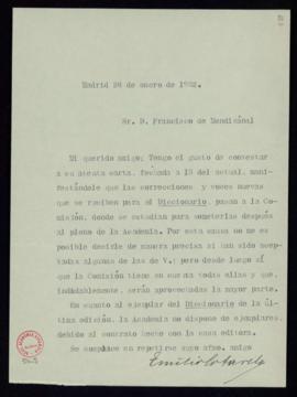 Carta de Emilio Cotarelo a Francisco Mendizábal  en la que le indica que las correcciones y voces...