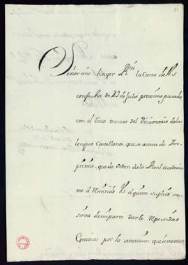 Carta del duque de Bournonville a Vincencio Squarzafigo de agradecimiento por el envío del tercer...