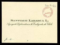 Tarjeta de visita de Santiago Labarca L., Agregado diplomático a la Embajada de Chile