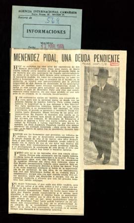 Recorte del diario Informaciones con el artículo Menéndez Pidal, una deuda pendiente