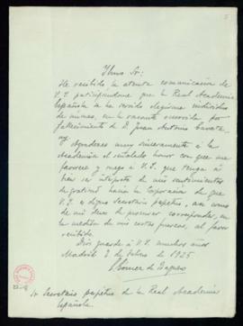 Carta de E[duardo] Gómez de Baquero al secretario [Emilio Cotarelo] de agradecimiento a la Academ...
