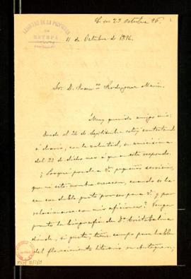 Carta de Antonio Aguilar y Cano a Francisco Rodríguez Marín en la que le dice que está esperando ...