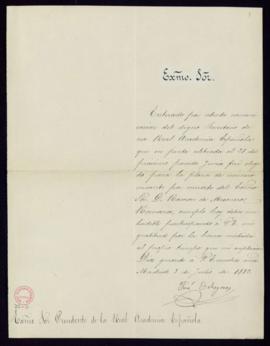 Carta de José Echegaray al director [el conde de Cheste] en la que expresa su gratitud por su ele...