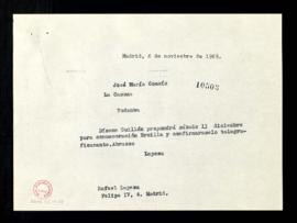 Telegrama de Rafael Lapesa a José María Cossío para informarle de que [Julio] Guillén propondrá e...