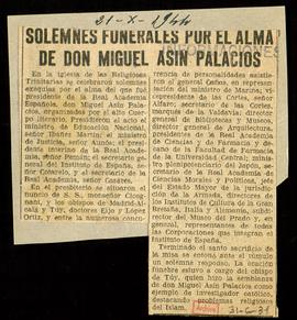 Recorte del diario Informaciones con la noticia Solemnes funerales por el alma de don Miguel Asín...