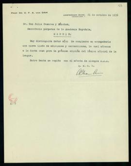 Carta de C. F. Adolf van Dam al secretario con la que le envía una nueva lista de enmiendas y adi...