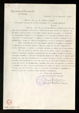 Carta de Luis Solé Sabarís, vicesecretario de la Real Academia de Ciencias y Artes de Barcelona, ...