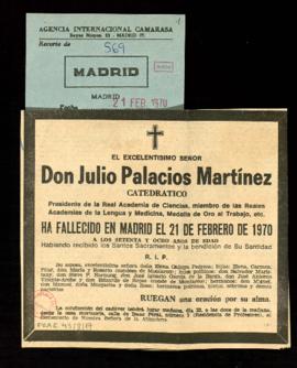 Recorte del diario Madrid con la esquela mortuoria de Julio Palacios