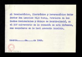 Nota con texto de la inscripción en el obsequio que los compañeros de la Real Academia Española h...