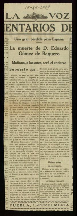 Recorte del diario La Voz de 16 de diciembre de 1927, con un artículo necrológico dedicado a Edua...