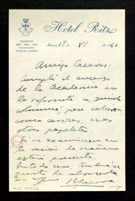 Carta de Gabriel Maura a Julio Casares en la que indica que cumplió el encargo de la Academia ref...