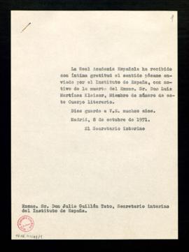 Copia sin firma del oficio de agradecimiento del secretario interino a Julio Guillén Tato, secret...