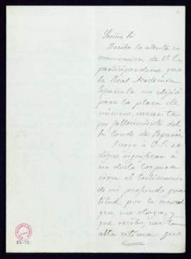 Carta de Augusto G[onzález] Besada al secretario, Mariano Catalina, en la que agradece a la Acade...