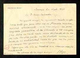 Carta de José Ortega y Gasset a Amós Salvador en la que expresa su agradecimiento por la suya tan...
