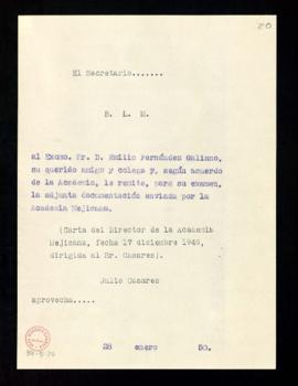 Copia del besalamano de Julio Casares a Emilio Fernández Galiano con el que le remite para su exa...