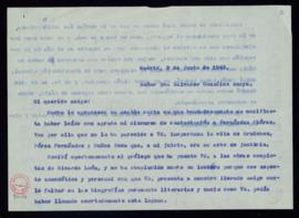 Minuta de la carta de Julio Casares a Salvador González Anaya en la que acusa recibo de su carta ...