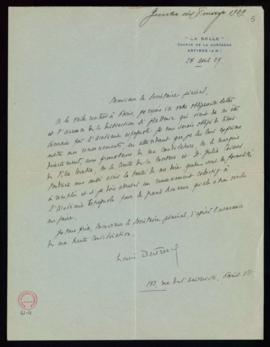 Carta de Louis Bertrand al secretario en la que acusa recibo de su nombramiento, que agradece exp...