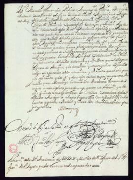 Orden del marqués de Villena del libramiento a favor de Francisco Antonio Zapata de 1727 reales y...