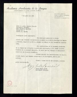 Oficio de Jorge Fidel Durón, secretario perpetuo de la Academia Hondureña de la Lengua, al secret...