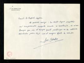 Carta de Luis Ceballos a Rafael Lapesa para decirle que, hasta que logre completar su recuperació...
