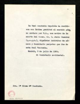 Copia del oficio del secretario accidental, Rafael Lapesa, a Elisa María Cuadrado, de gratitud po...